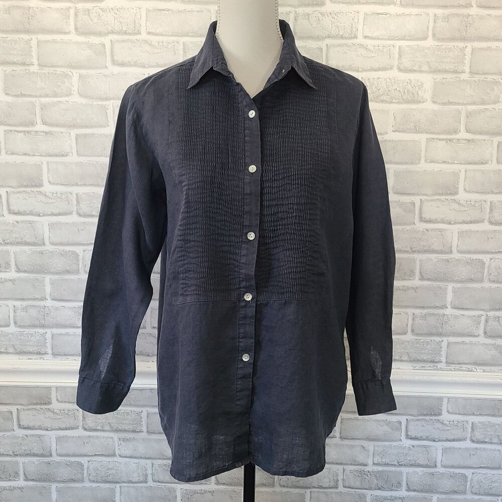 Hanna G Long Sleeve Pleated Front Linen Shirt S Relaxed Lagenlook Minimalist